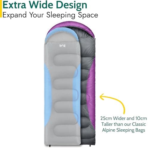Trail Alpine 250 XL Sleeping Bag with Hood (L230cm x W100cm), Large Extra Wide Envelope Sleeping Bag, 2 to 3 Season Camping, Lightweight, Water Resistant, Polycotton Liner, Compression Bag (Purple) — view 2
