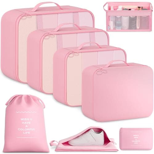 BAGAIL 8-Piece Packing Cubes Set, Travel Organizers with Breathable Mesh & Shoe Bag, Lightweight Nylon Packing Organisers for Luggage Suitcase, 9 Colors - Pink