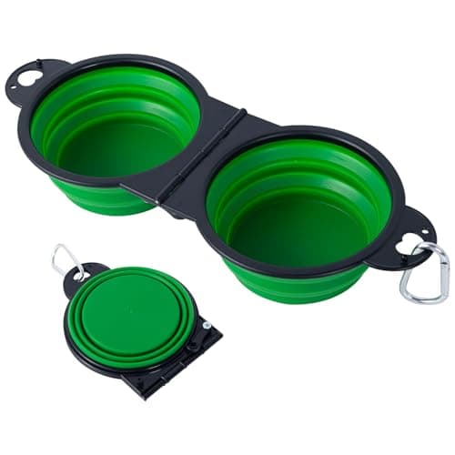SLSON Collapsible Dog Bowls Foldable Dog Dual Bowl Travel Water and Food Bowls,Sturdy Reinforced Rim Portable Pet Feeder Cat Bowl for Walking Hiking Outdoors (green)