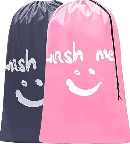 CJWLKJ 2-Pack XL Travel Laundry Bag, Machine Washable Dirty Clothes Organizer, Large Enough to Hold 4 Loads of Laundry, Easy Fit a Laundry Hamper or Basket (Grey+Pink)