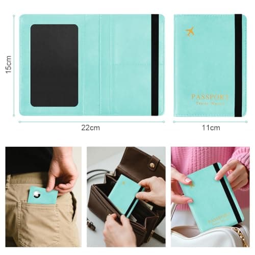AOOSU Airtag Wallet Passport Holder Cover, PU Leather Passport Cover with RFID Blocking Travel Wallet, Portable Universal Travel Wallets Case Organiser for Money, Boarding Passes, Cards Light Blue — view 2