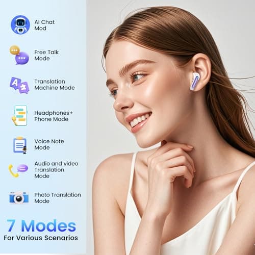 AI Translation Earbuds Real Time with Audio and Video Calls, 164 Language/7 Translation Modes Translator Earbuds Bluetooth 5.4 with APP, 48H AI Ear Buds Translator Device for Business/Learning, Purple — view 3