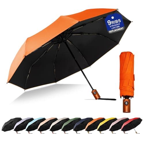 SoulRain Strong Windproof Travel Umbrella with Wooden Handle, Automatic Open Close Compact Folding for Rain & Sun UV Protection, Lightweight Durable Portable for Car, Backpack, Women & Men(Orange)