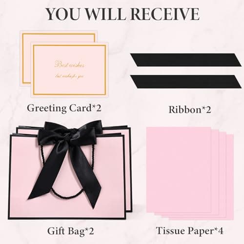 BBLIKE Medium Gift Bags for Present - 2 Pcs Birthday Gift Bag with 4 Wrappers and 2 Cards, Luxury Paper Bags with Handles for Girls Womens Wedding Party Christmas Valentines Bridesmaid (Pink Black) — view 2