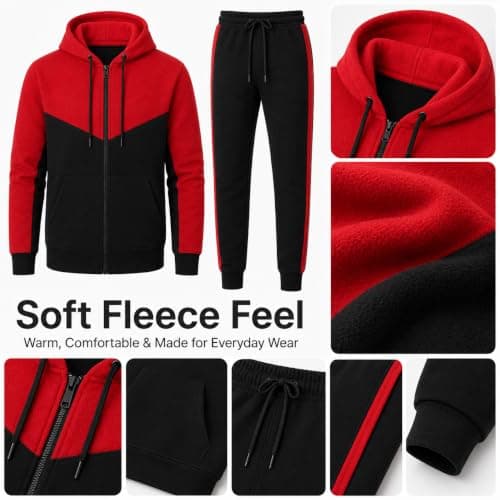 MH Home Men’s Premium Fleece Tracksuit Set Zip Hoodie & Jogger Bottoms Comfortable, Warm & Stylish Loungewear Set for Casual Wear, Gym, Travel (UK, Alpha, XL, Plus, Regular, Red/Black) — view 3