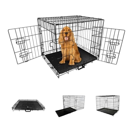 Straame Folding Dog Crate 30 Inch, 78x46x53cm Black Metal Pet Cage, 2 Doors