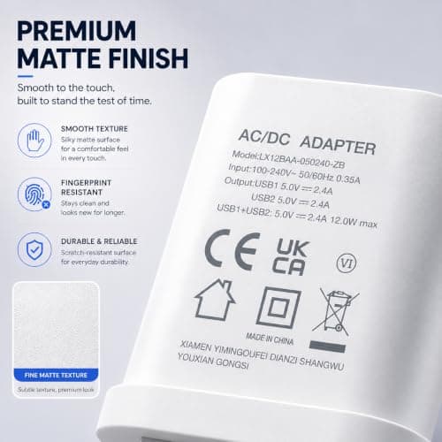 YIMINGOUFEI Dual USB Plug Charger, 12W 5V/2.4A UK 3-Pin Adaptor, White — view 3