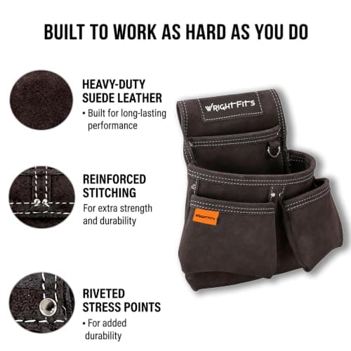 WrightFits Heavy Duty Leather Tool Pouch – 4 Pocket Tool Belt Organiser with Hammer Loop, Metal D-Ring & Nail Holder | Brown Suede Leather Work Pouch for Carpenters, Electricians & Builders — view 3