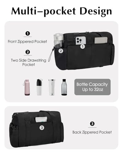 Small Gym Bag Womens with Yoga Mat Holder and Wet Compartment, Black — view 6