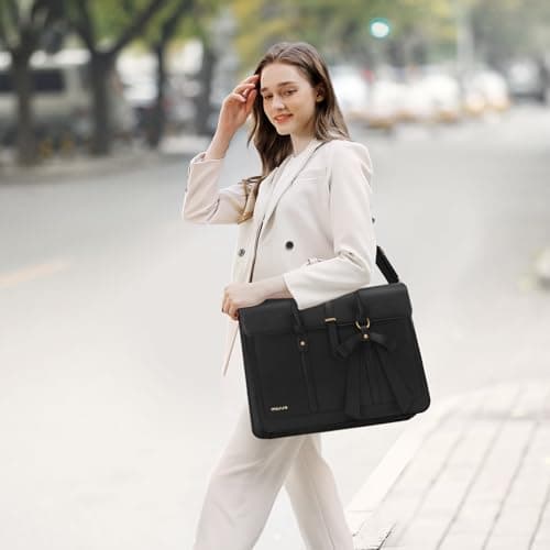 MOSISO Laptop Bag for Women,16 inch PU Leather Computer Bag, Black — view 2