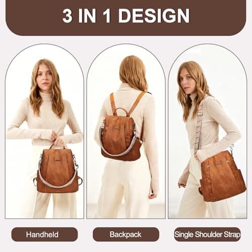 Eshow Womens Backpack Anti Theft Waterproof, Ladies Rucksack Vegan Leather Fashion, Daypack Convertible Small Makeup bag With RFID, Handbag Shoulder For Travel School Work Light Brown — view 2
