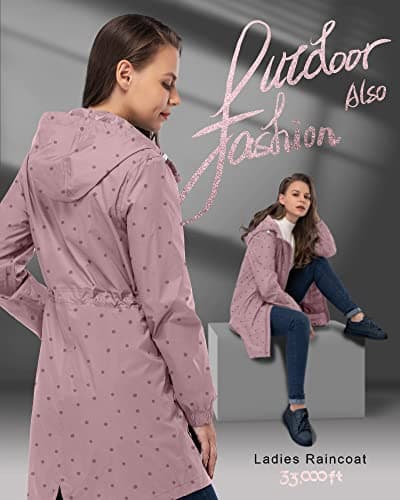 33,000ft Women's Rain Jacket Lightweight Hooded Long Rain Coat Waterproof Jacket Ladies Packable Functional Jacket Windbreaker Breathable Active Outdoor Coats Dotted Pink 3XL/20-22 — view 6