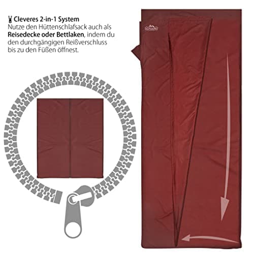 Outdoro Travel Sleeping Bag, Ultra-Light Travel Sleeping Bag, Only 350 g Made of Pure Cotton with Pillow Compartment Thin & Small Lining, Travel Sheet, red — view 2