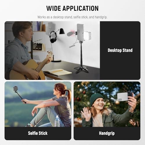 NEEWER Selfie Stick Tripod for iPhone, Lightweight Foldable Mini Travel 360° Desk Stand with Cell Phone Holder Cold Shoe for Video Recording Vlog Streaming, Remote Shutter & Cleaning Cloth, P15 Black — view 3
