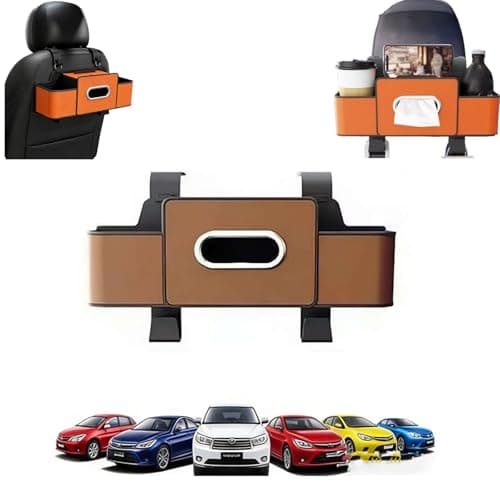 2026 Upgraded 4 in 1 Car Back Seat Organiser, Universal Headrest Car Storage Organiser with Dual Cup Holders, Tissue Box & Phone Holder, for Cars, SUVs, Sedans, Family Travel & Daily Commute (Brown)