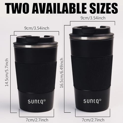 SUNTQ Reusable Coffee Cups Travel 510ml Coffee Travel Mug with Leakproof Lid - Thermal Mug Insulated Cup - Stainless Steel Travel Cup with Rubber Grip for Hot and Cold Drinks Black — view 5