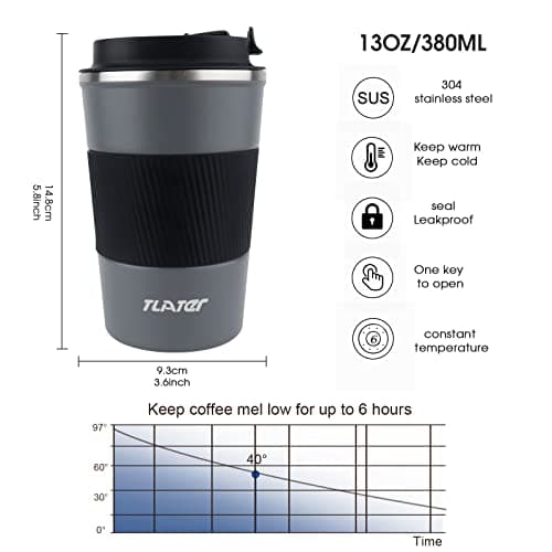 Travel Mug Tlater 380ml Insulated Coffee Cup with Leakproof Lids — view 2