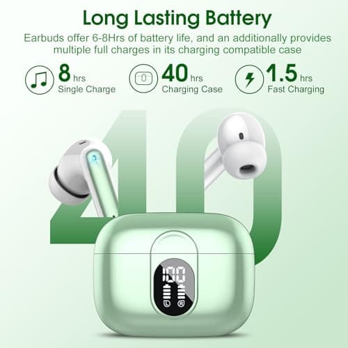 Csasan Wireless Earbuds, Bluetooth 5.3 Headphones HiFi Stereo, 40H Playtime, Wireless Earphones with ENC Noise Cancelling Mic, IPX7 Waterproof Bluetooth Earbuds LED Display, Touch Control, Green — view 4