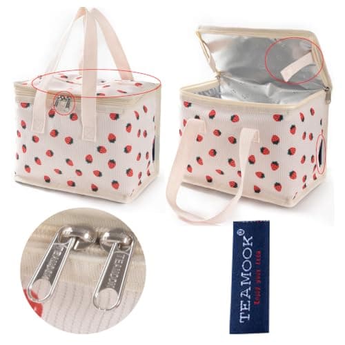 TEAMOOK Foldable Lunch Bag Insulated Lunch Box Water-Resistant Leakproof Soft Cooler Bag 8-10 cans Beige Strawberry — view 3