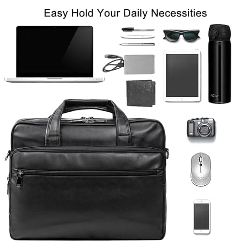 seyfocnia Leather Laptop Bag, Men's 17.3 Inch Messenger Briefcase Business Satchel Computer Handbag Shoulder Bag Fits 17.3 Inch Laptop Computer (Black) — view 3