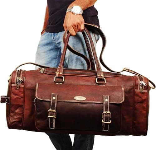Hulsh Leather Duffle Bags for Men 24 Inch | Vintage Brown Genuine Leather Travel Bags for Mens Overnight Weekend | Best Full Grain Leather Luggage Duffel Carry On Weekender Sports Gym Bag for Women — view 4