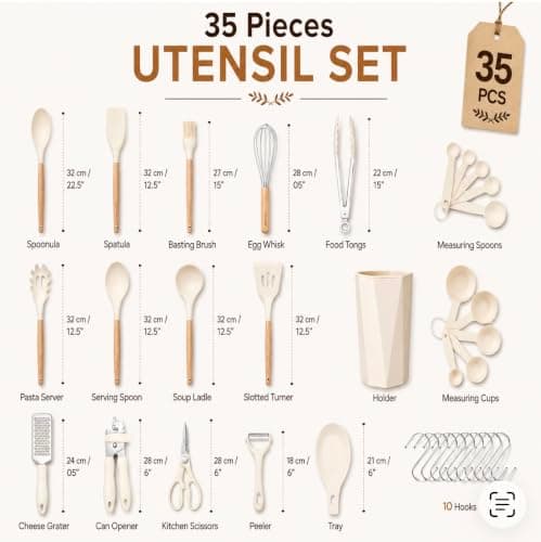 ZELMORAWARE Kitchen Non Stick Cooking Utensils Set – 35Pcs Heat Resistant Silicone Utensils Set with Wooden Handles, Silicone Spatulas for Cooking – Kitchen Accessories – White — view 2