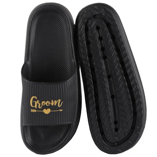 Fabstory Groom Slides for Men Black Groom Sandals for Bachelor Party Wedding Day Gifts, Black, 9.5-10.5