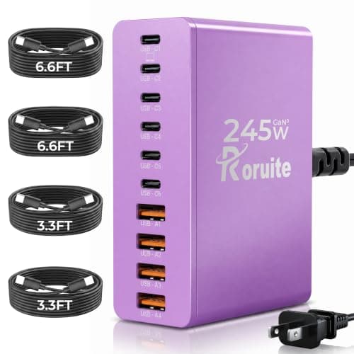 Roruite USB C Charging Station 10 Port with 4 Cables,245W GaN Charger Block