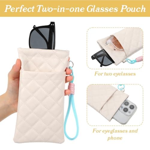 Matwsec 2PCS Double Glasses Case Soft PU Leather, Sunglass Pouch with Strap for Women, Squeeze Top Eyeglass Case Travel Sunglasses Organizer Set (White Black) — view 3