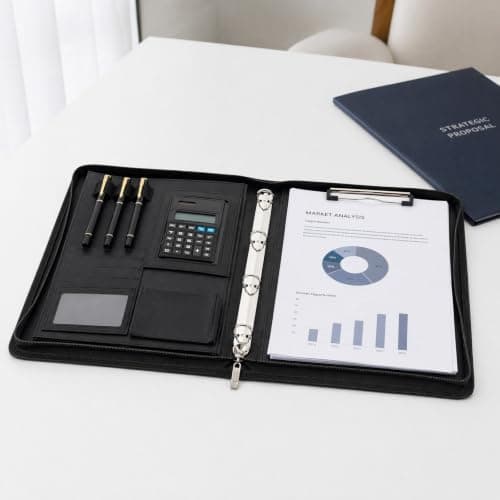EVERGOODS Leather Portfolio Folder A4, Vegan Leather 4-Ring Conference Folder Includes and Pen Multi-Pocket Travel Document Holder Folder Organiser Office Supplies — view 4