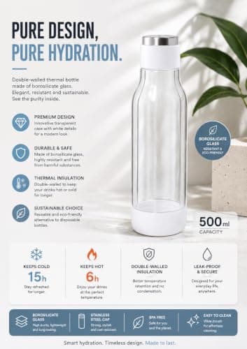 Personalised 500ml Double Wall Borosilicate Glass Thermal Bottle with Stainless Steel Cap - Custom Engraved Insulated Reusable Bottle for Travel, Gym & Office — view 4