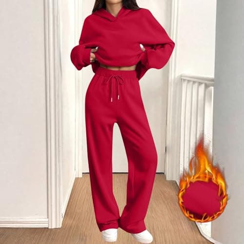 Tracksuit Womens Full Set Oversized 2 Piece Outfits Long Sleeve Hoodie and Sweatpants Women Lounge Wear Sets Fashion Sweatsuits Wide Leg Jogger Loose Loungewear Gym Fitness Activewear Set Red S — view 5