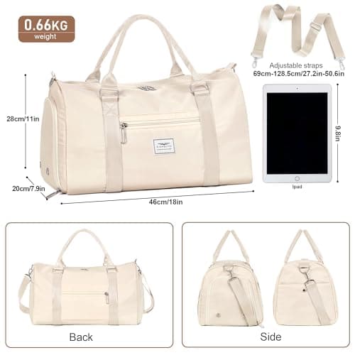 FIORETTO Womens Gym Sports Bag Travel Bag with Shoes Compartment & Wet Pocket, Weekend Overnight Duffle Hospital Bag Carry On Bag Holdall for Travel Swimming Beige — view 3