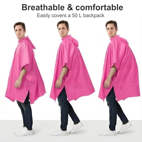 UPSEN Rain Ponchos for Adults, 2 Pcs Reusable Raincoats Coats Jackets Emergency for Women Men with Hood, Pink — view 5