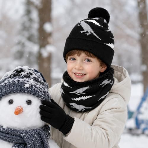 EOAMGO Kids Winter Hat Scarf and Gloves Set 3Pcs, Boys Girls Thermal Knitted Beanie Hat Snood Neck Warmer Gloves Set, Soft Fleece Lined Winter Accessories for Children Age 2-7 (black) — view 6