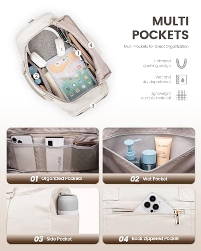 LOVEVOOK Travel Bags for Women, 50L Large Weekend Overnight Holdall Hospital Bags with Toiletry Bag, Shoe Compartment & Wet Pocket, Waterproof Cabin Hand Luggage Bag for Travel Gym Sports, Beige — view 3