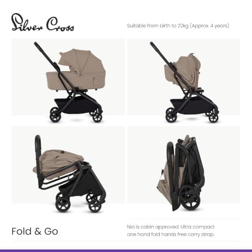Silver Cross Nia Travel Stroller & Carrycot, Birth to 22kg, Champagne — view 3