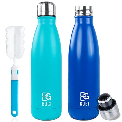 BOGI 2 Pack Insulated Water Bottle,750ml Stainless Steel Water Bottle-Leakproof Metal Water Bottle Keep Drink Hot & Cold Water Bottle Sports Water Bottle for Girls Kids with Cleaning Brush(Mint+Dblue)