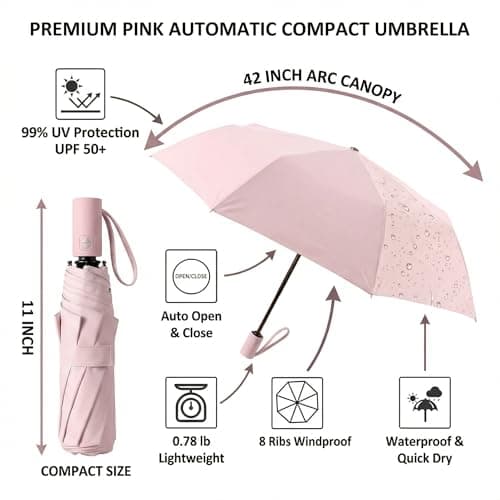BAODINI Small UV Protection Travel Umbrella Compact for Rain and Sun UPF 50+ Windproof Portable 42 inch Umbrella for Women and Men Pink — view 6