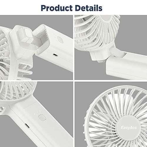EasyAcc Handheld Fan, Portable, Battery, USB Fan/Portable Mini Fan, Electric, 20 Hour Rechargeable Battery, Foldable, Compatible with Laptop Multi Port Socket for Travel, Home, White — view 6