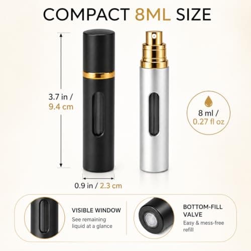 Muexoee Perfume Atomiser Refillable 8ml – 2 Pack Travel Perfume Bottle with Visible Window, Leak-Proof Fine Mist Spray, Bottom-Filling Portable Atomiser for Hand Luggage (Black & Silver) — view 2