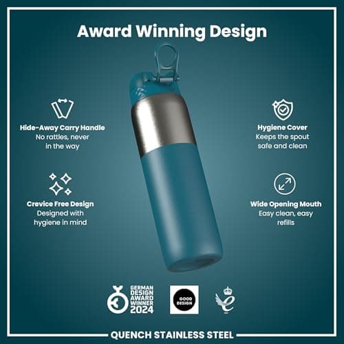 ION8 Lightweight 1 Litre Steel Water Bottle, Non-Insulated, Leak Proof, Easy to Open, Secure Lock, Dishwasher Safe, Flip Cover, Carry Handle,Ideal for Travel & Active Lifestyles, Half Cut Deep Teal — view 6