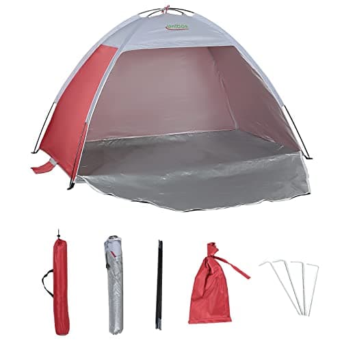 Unibos Large Pop Up Beach Tent for (2-3) Person, Portable Automatic Waterproof Sun Shade Tent Easy Set Up Lightweight Pest Proof UV 50+ Sun Shelter with Extended Zippered Porch (Red)