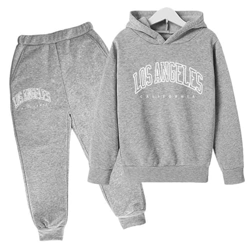 SoLu DAY8 Boys Tracksuit Set Age 3-14 Years Los Angeles Winter Long Sleeve Hoodie Pullover Sweatshirt and Pants Clothing Sets Child Kids Teens 2 Piece Fall Casual Running Jogging (Grey, 13-14Years) — view 2