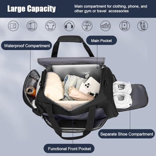 ABOHU Waterproof Gym Bag Duffle Bag with Wet Pockets and Shoe Compartment, Foldable Overnight Weekend Bags for Women Man, Durable Sports Holdall Bags for Sports and Travel (Black, 40L) — view 4