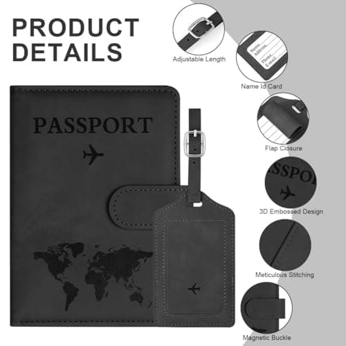 OFFCUP Passport Holder Cover, PU Leather Passport Cover and Luggage Tag Set with RFID Blocking Travel Wallet, Universal Travel Wallet Case Organiser for Money, Boarding Passes, Credit Cards Black — view 3
