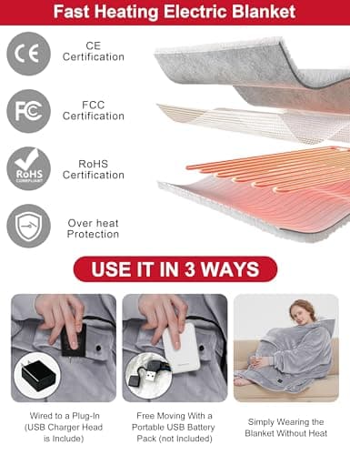 KFUBUO Heated Electric Wearable Blanket Throw Battery Operated Portable USB Cordless Outdoor Hoodie Sweatshirt (Heated Blanket Light Grey) — view 4