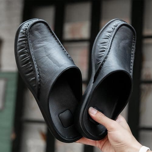Mens Orthopedic Leather Clogs Breathable Slip on Mules Slippers Men Casual Modern Wide Fit Flat Trainers Arch Support Large Size Walking Shoes Backless Indoor Outdoor Sandals (Black, 9.5) — view 5