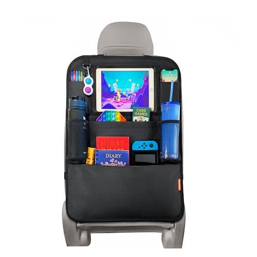 Huckaboo Car Seat Organiser - Kids Back Seat Organiser, Storage Pockets, Screen Holder, Black, 1 Pack