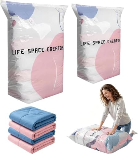 YERFFZE 2026 Upgraded Vacuum Storage Bags 2-Pack, Jumbo Size – No-Pump Compression for Clothes, Duvets & Blankets, Press-to-Seal Space Saver for Travel, Home & Closet Use